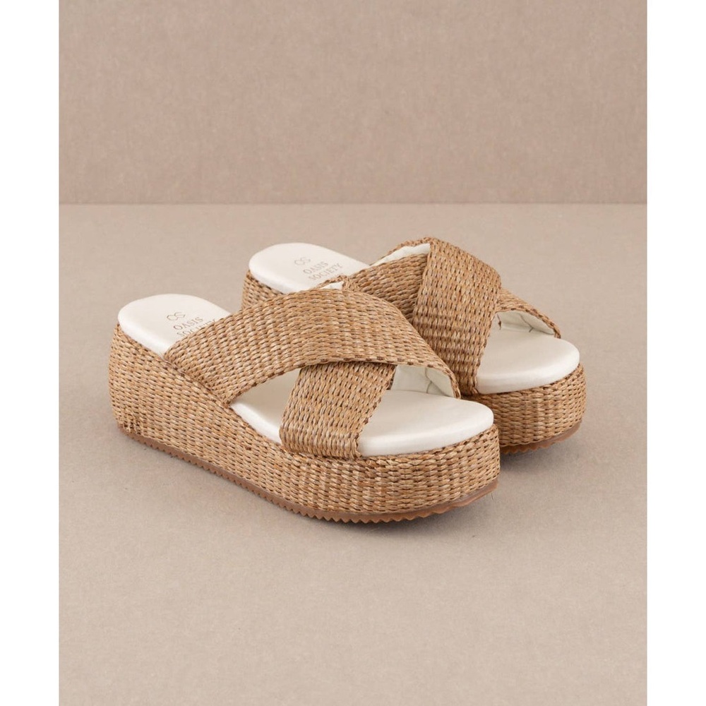 Oasis society, Tan and White Wedge Shoes with Criss-Cross Straps